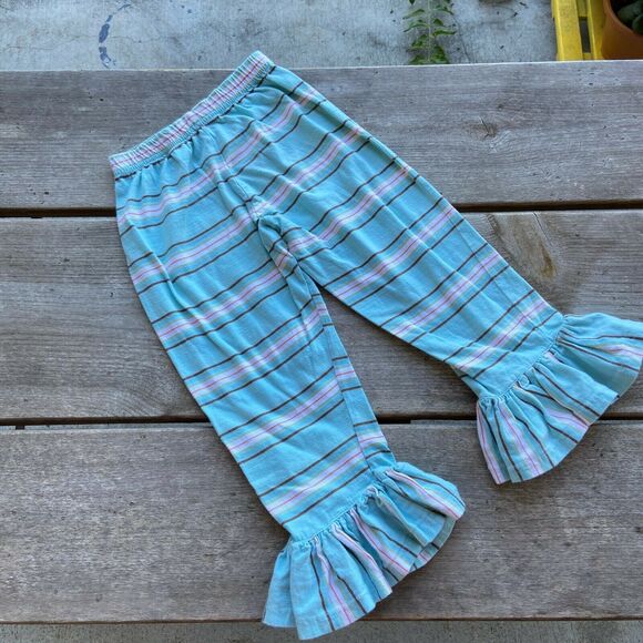 Matilda Jane Girls Pants 6 Anticipation Aquarius Big Ruffles Blue Brown Striped - Picture 7 of 10